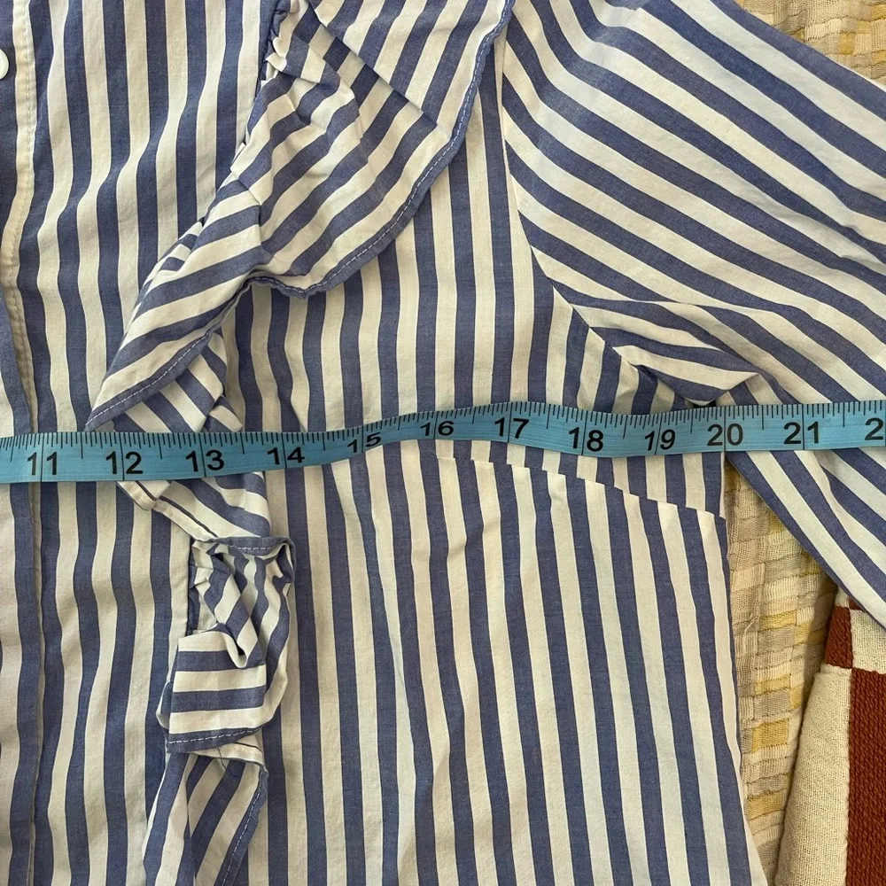 MADEWELL STRIPED RUFFLE FRONT BLOUSE BLUE WHITE - Picture 5 of 13